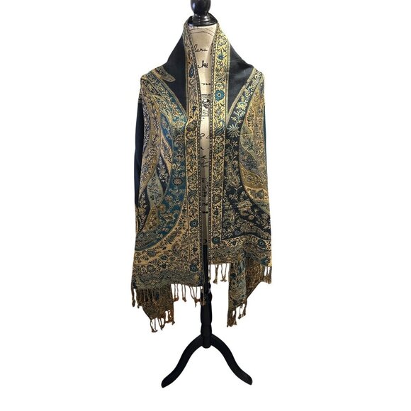 pashmina Accessories - Pashmina Paisley Patterned Reversible Shawl/Wrap With Fringe - Teal & Gold - Wom